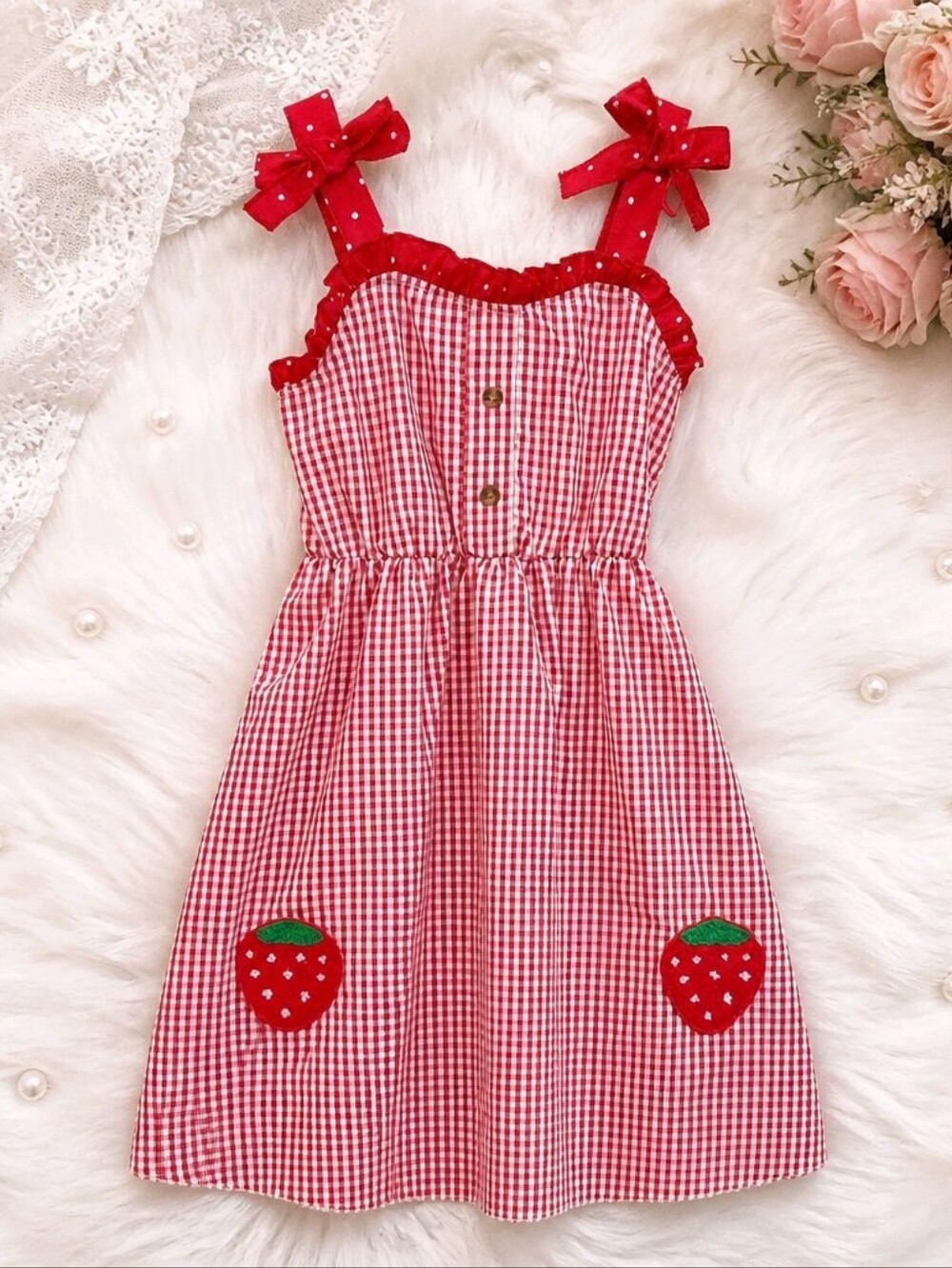Girls Red Gingham Strawberry Sundress